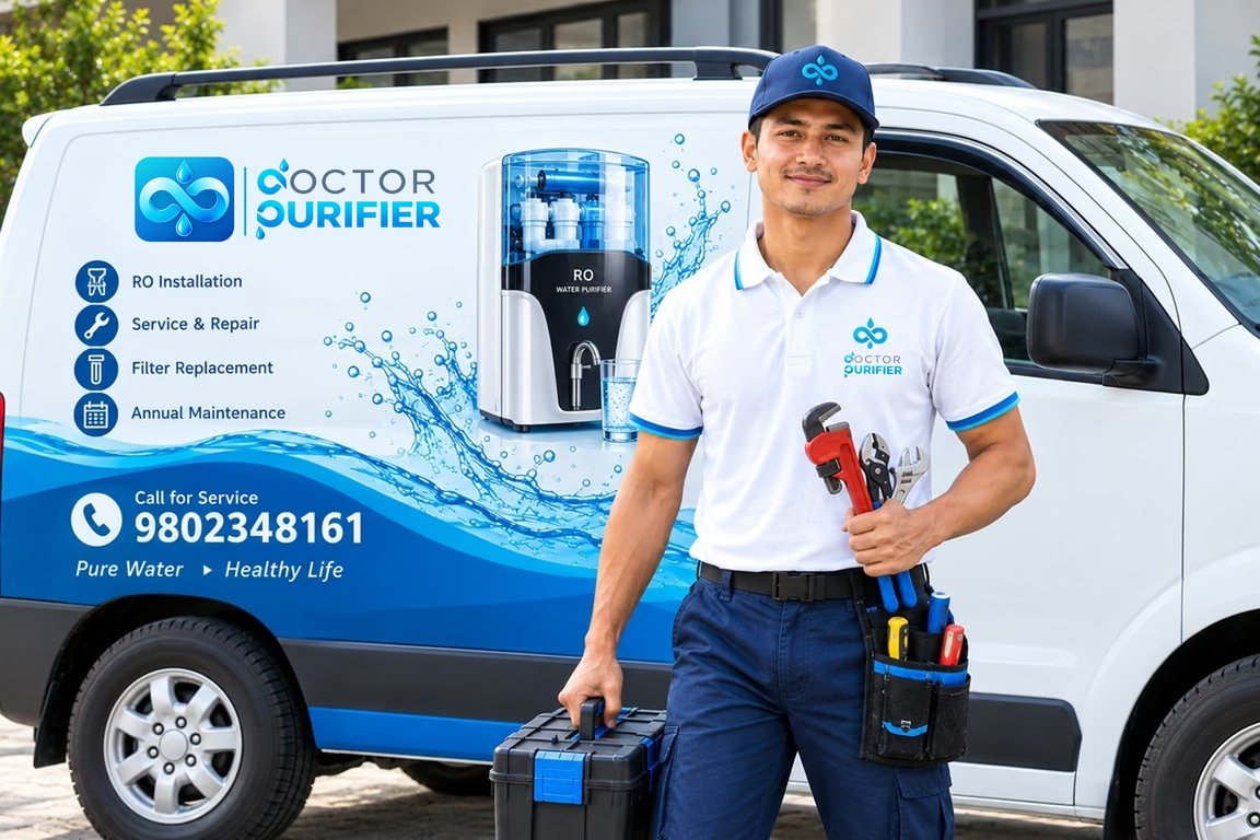 Doctor Purifier technician holding service tools in front of a branded RO purifier service van